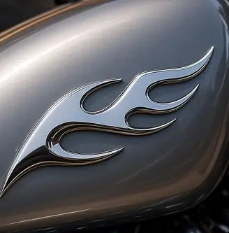 Example concept image: chrome flame emblem, rendered in the site style