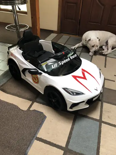 White kids' ride-on car with custom graphics and a dog resting nearby