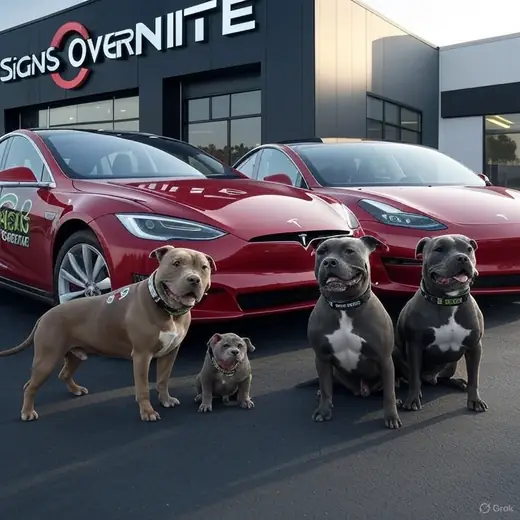 Pit bulls and wrapped Teslas outside the sign shop