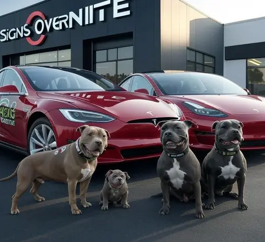 Shop dogs posing in front of the Signs OverNITE fleet cars